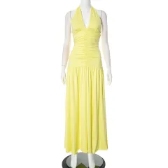 Elegant Halter Long Dress Sexy Slit Dress - Yellow - View 1