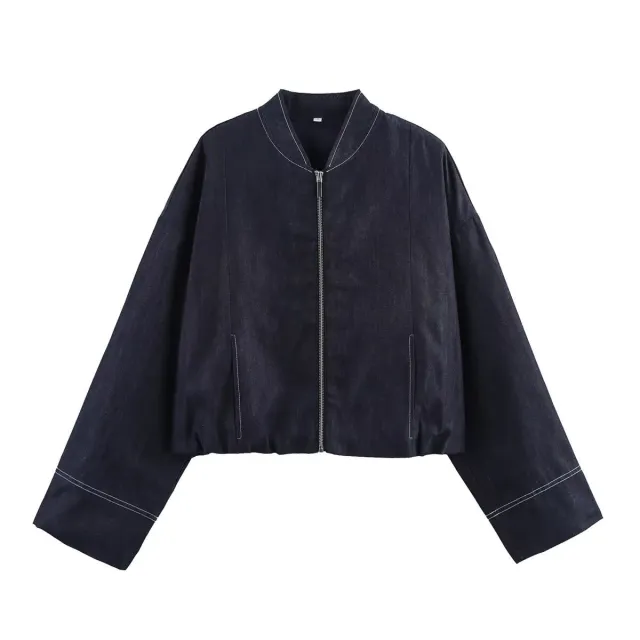 Denim Pilot Jacket Wide Pleated Denim Skirted Leggings Jacket Xs - Shop at LoveMi