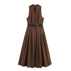 With Belt Midi Skirt Dress - Brown - View 1