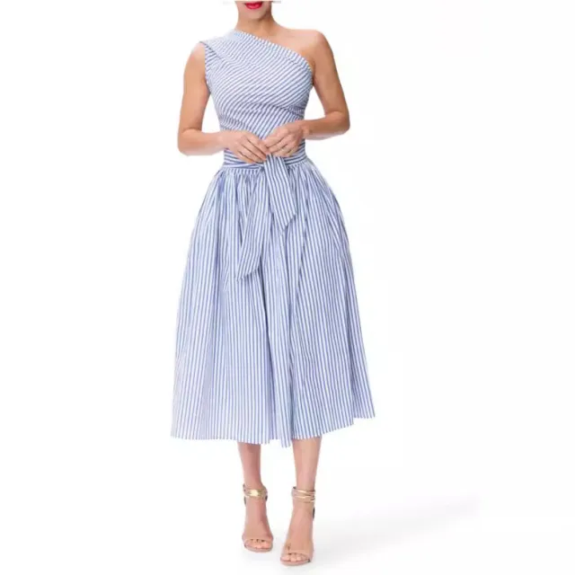 Women's Slant shoulder Striped Dress Blue - Shop at LoveMi