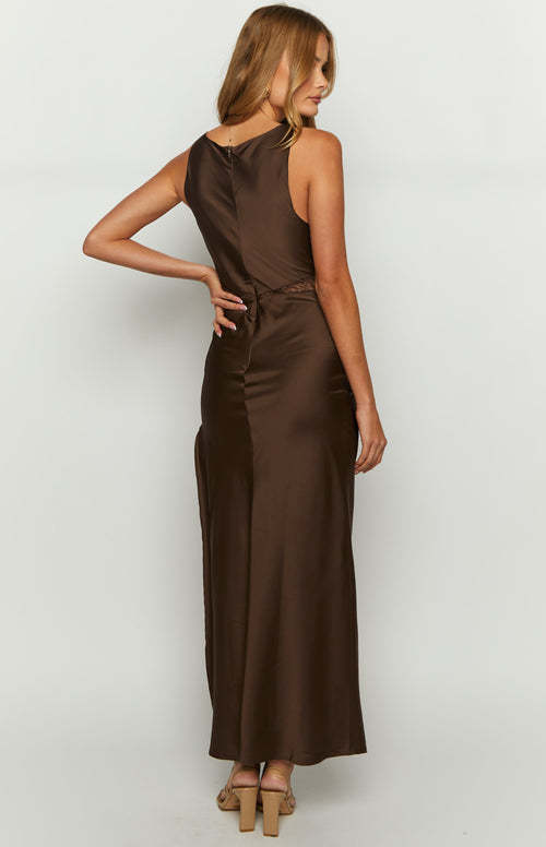 Satin Lace Splicing Sling Long Dress V-neck Split Dress