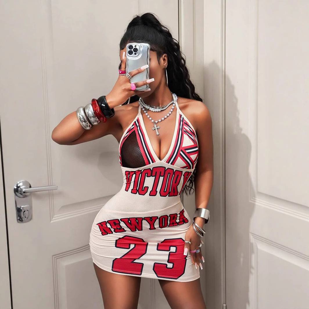 Womens Fashionable Printed Halterneck V-Neck Backless Dress