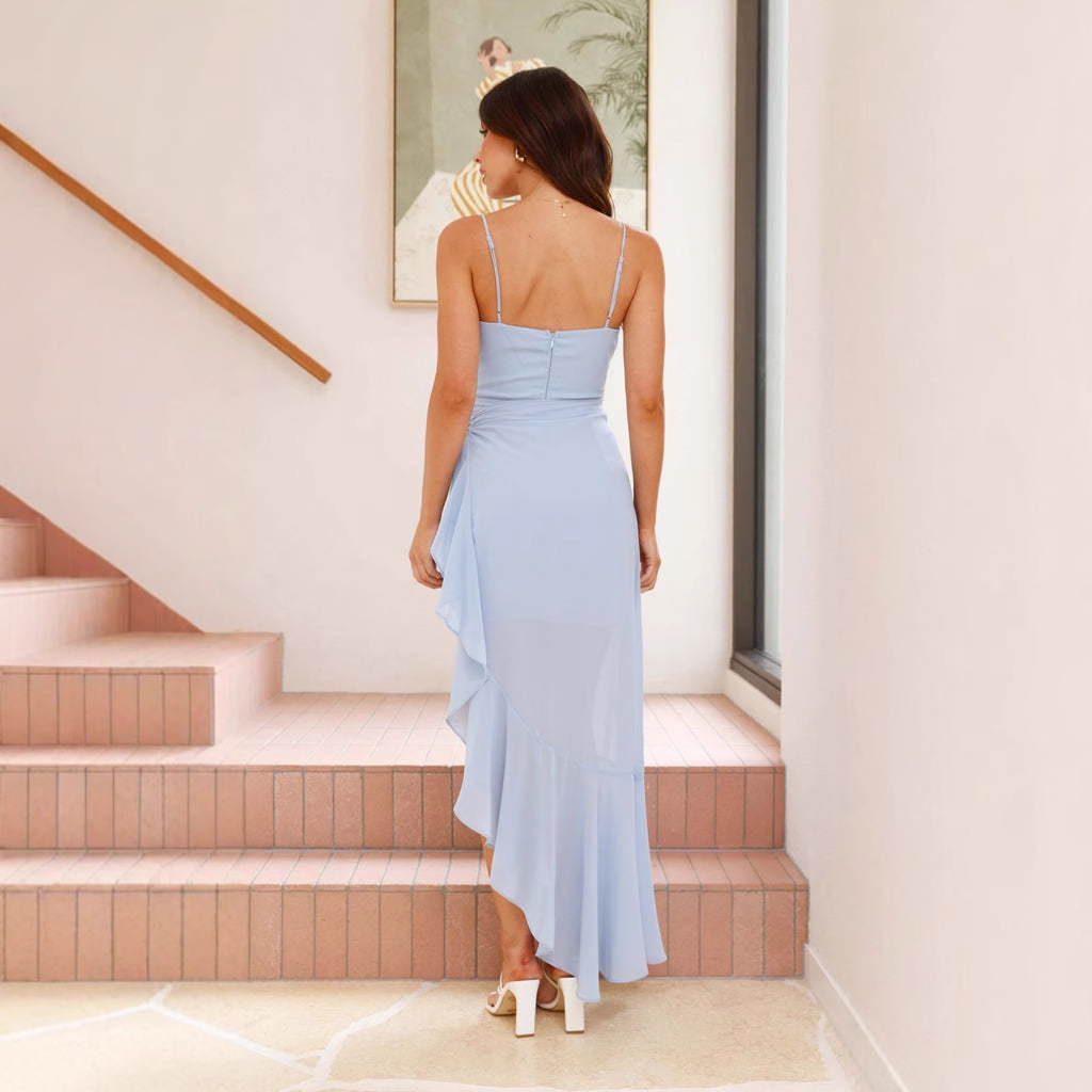 European And American Sexy Women's Sling Backless Ruffles Irregular Dress