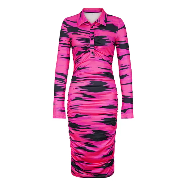Pleated Long Sleeve Slim Fit Elegant Dress Rose Red - Shop at LoveMi