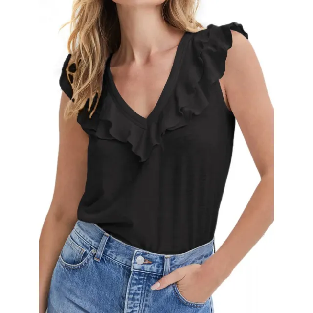 Fashion Women's Wear Ruffled V neck T shirt Black - Shop at LoveMi