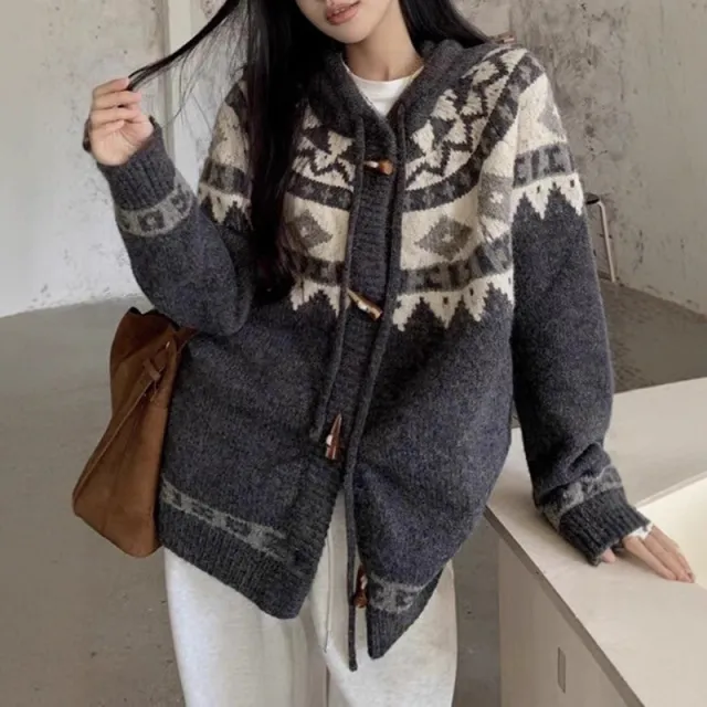 Loose And Lazy Style Horn Button Knitted Cardigan Gray - Shop at LoveMi