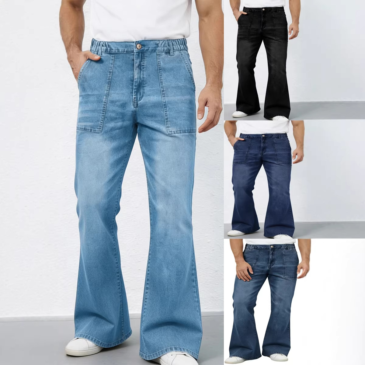 Mens Elastic-waist Slightly Flared Denim Jeans
