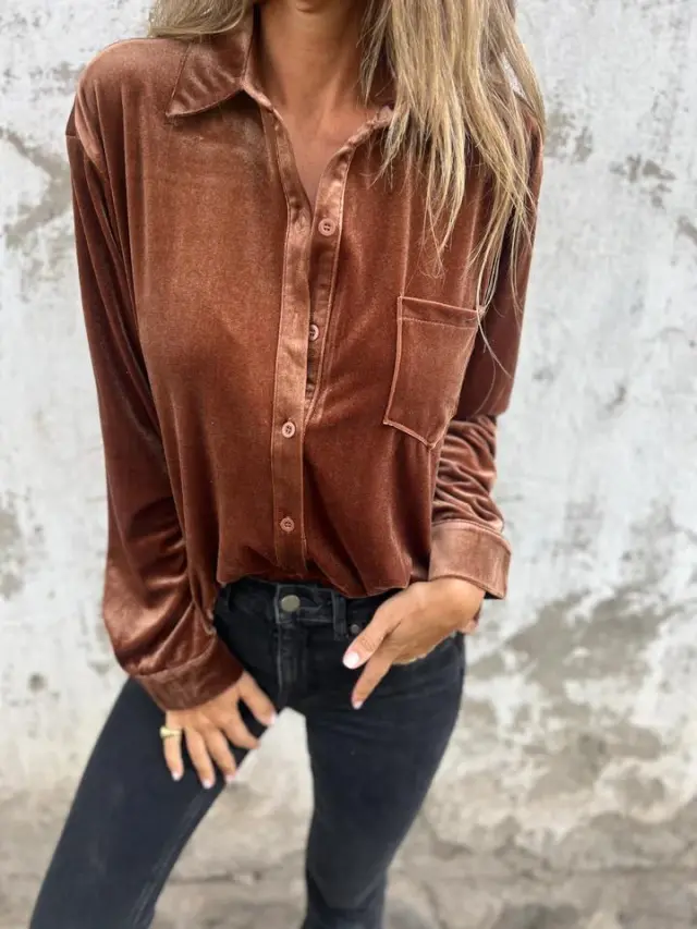 Women's Velvet Long sleeved Single breasted Shirt Casual Lapel Long Sleeve Solid Color Tops Daily Wear Brown - Shop at LoveMi