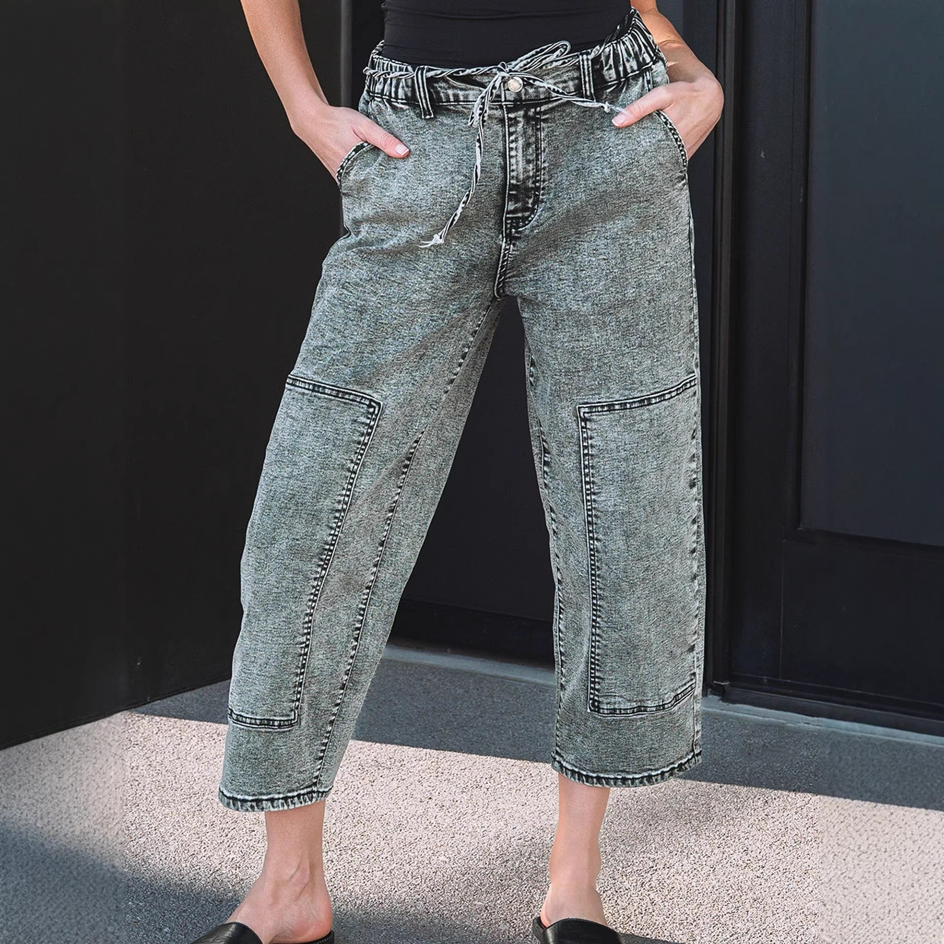 Washable Straight-leg Pants With Multiple Pockets And A Drawstring