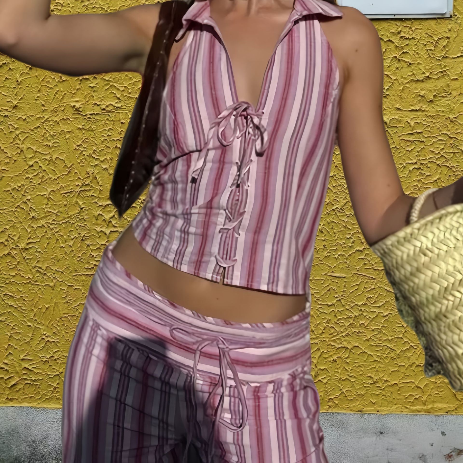 European And American Fashion Striped Lace up Sleeveless Top Wide Leg Trousers Suit Pink - Shop at LoveMi