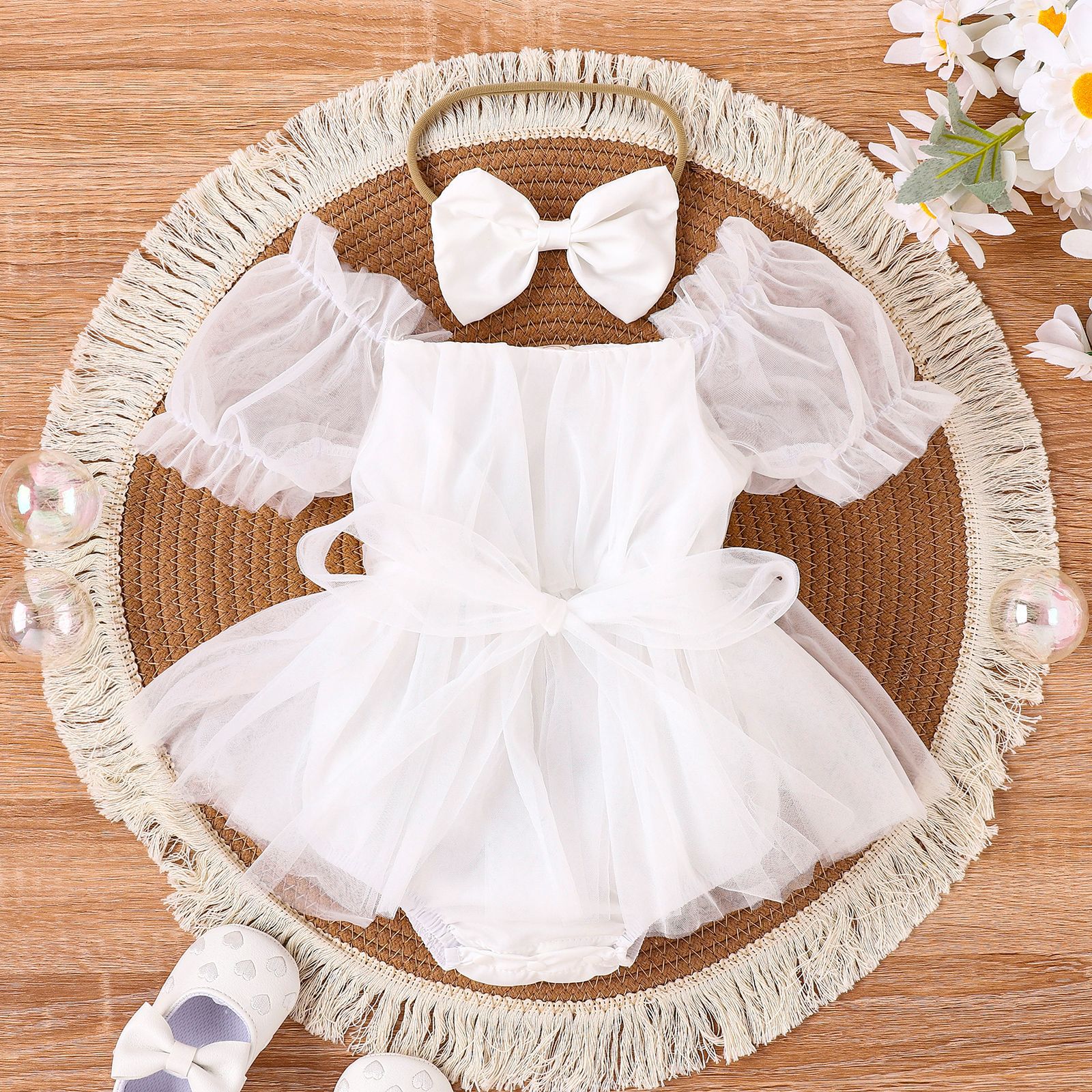 Title 16, Baby Girl Solid Color Puff Sleeve Net Skirt Hea...