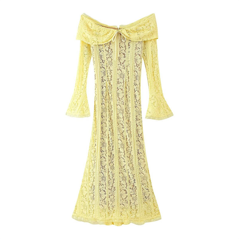 New Summer European And American Style With Lining Off-shoulder Lace Long Sleeve Dress