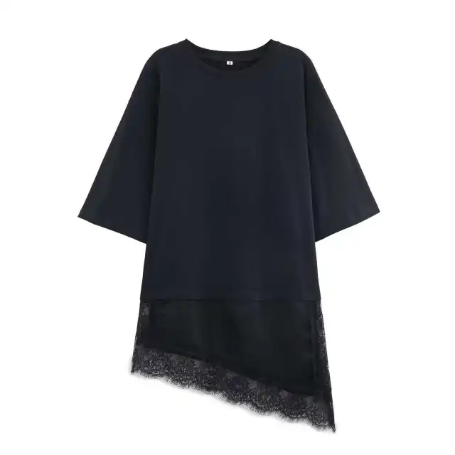 Summer Chic Fashion T Shirt With A Patchwork Lace Hem Black - Shop at LoveMi