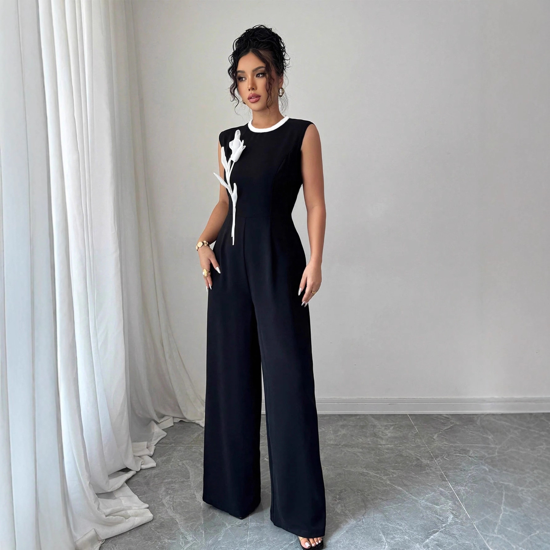 Elegant Embroidered Black Crew-Neck Sleeveless Wide-Leg Jumpsuit - Image 1