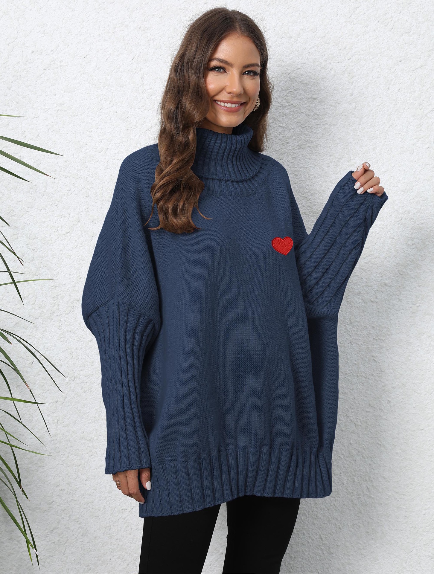 Women's Clothing Knitted Solid Color Turtleneck Lapel Loose Woven Love Stickers Sweater Purplish Blue - Shop at LoveMi