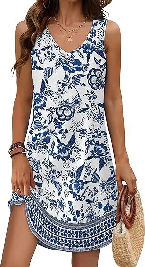 European And American Women's Clothing Summer Loose Casual V neck Flower Dress Blue - Shop at LoveMi