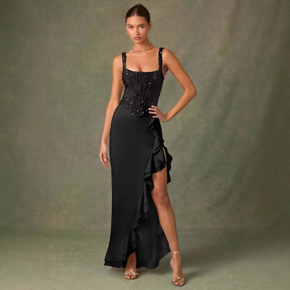 Sequined Knitted Patchwork Ruffled Casual Dress