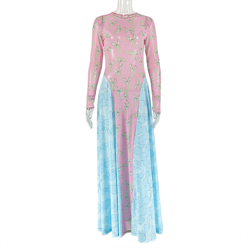 Round Neck Pleated Long Sleeve Commuter Dress Pink And Green - Shop at LoveMi