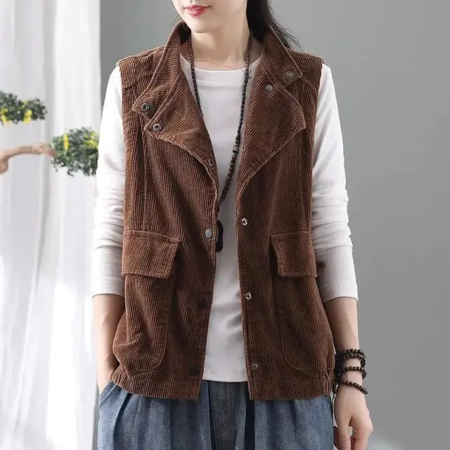 Double layer Corduroy Cardigan Vest Women's Coat Waistcoat Lapel Top Retro Brown - Shop at LoveMi
