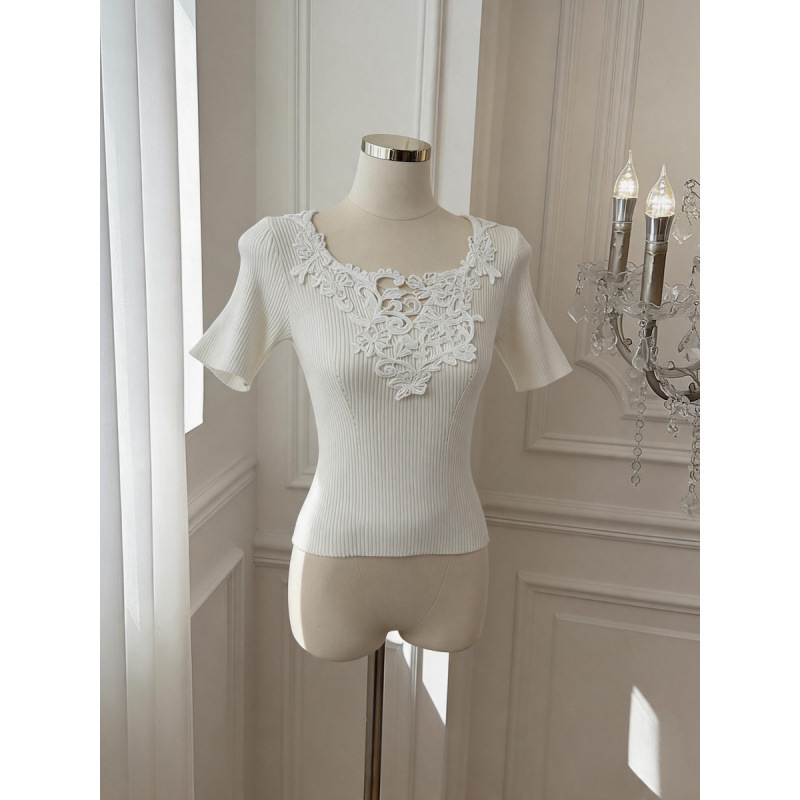 Womens Pure V-neck Knitted Top With Lace Paneling 6