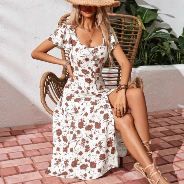 European And American Square Collar Button Bohemian Dress Brown - Shop at LoveMi