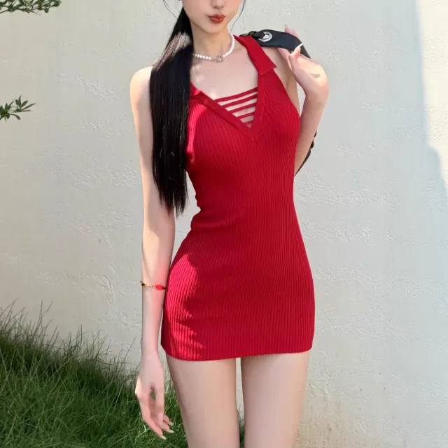 Pure Desire Slim fit Bust knit Sleeveless Dress Red - Shop at LoveMi
