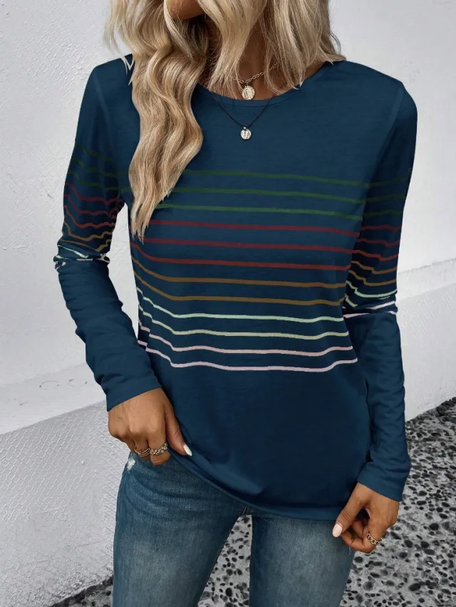 European And American Fashion Striped Printed Round Neck Long Sleeve Women Navy - Shop at LoveMi