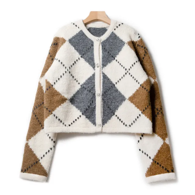 Women's Alpaca Geometric Contrast Color Knitted Cardigan Short Coat Contrast Color - Shop at LoveMi