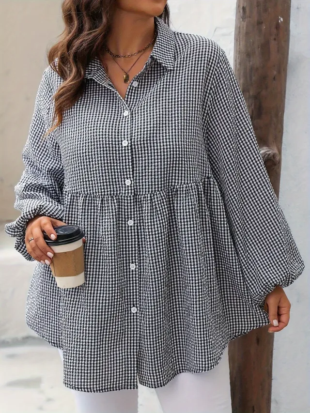 Autumn New Dress Checkered Ruffled Hem Blouse Red - Shop at LoveMi