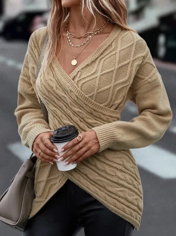 Women's Fashion Casual Solid Color And V neck Cross Brocade Sweater Khaki - Shop at LoveMi