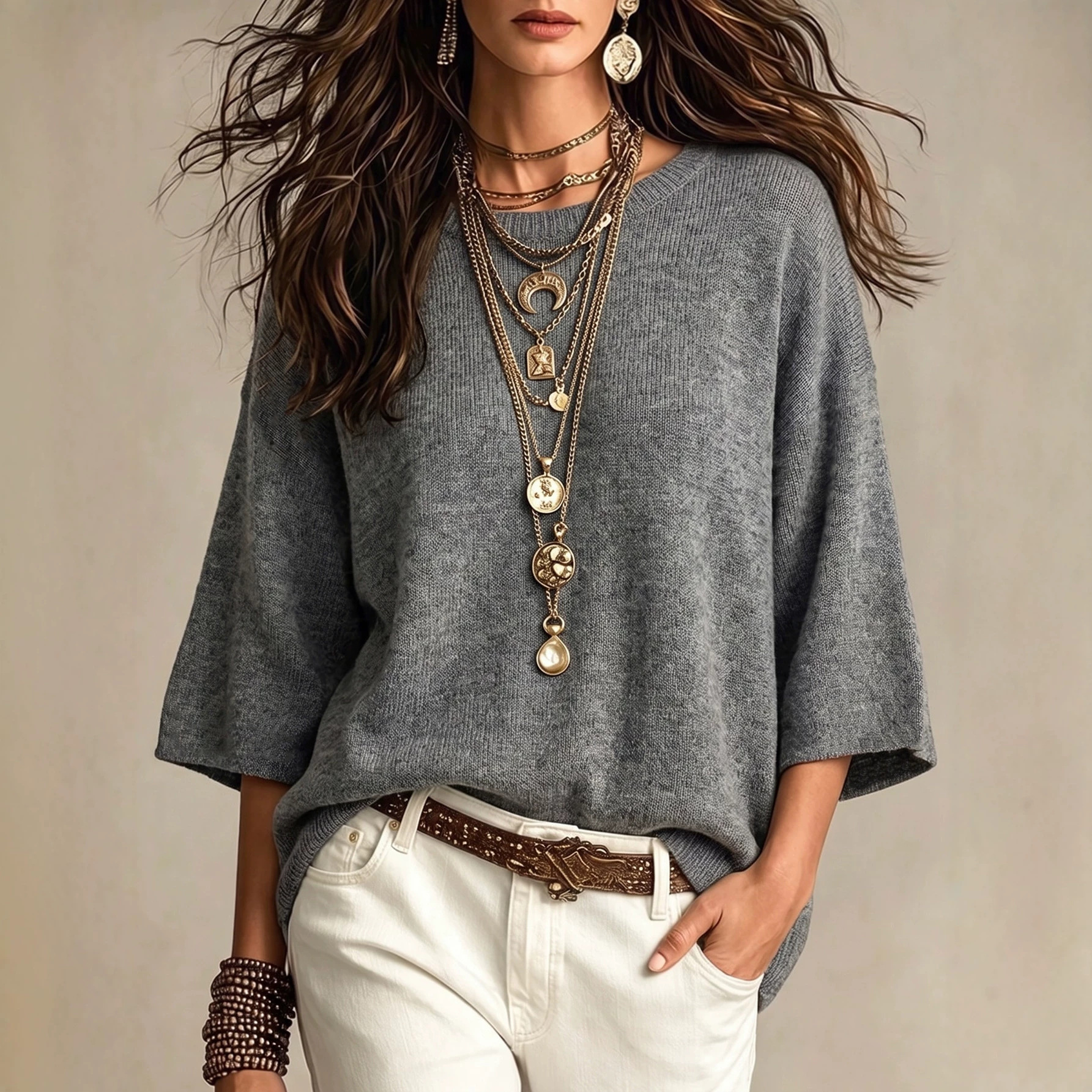 Laid-back Wide-sleeved Relaxed-fit Slimming Crew-neck Outer Sweater