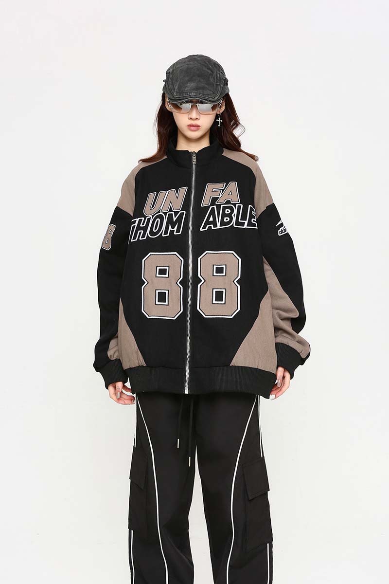 Retro Alphabet Digital Heavy Embroidery Motorcycle Jacket Men And Women High Street Stitching Racing Suit