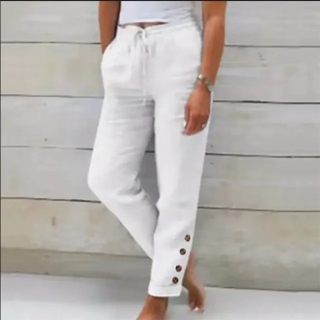 Elastic Waist Cotton Linen Straight Casual Button Trousers White - Shop at LoveMi