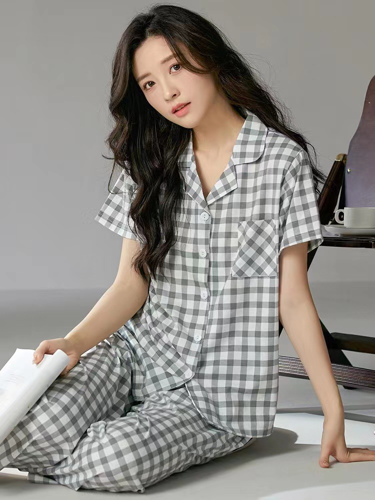 Women’s Summer Cotton Short-sleeved Japanese Style Plaid Loose-fit Plus Size Outfit Suit