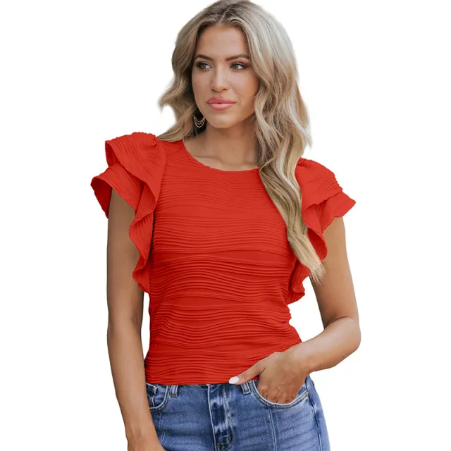 Fashion Texture Ruffled Short Sleeves Red - Shop at LoveMi