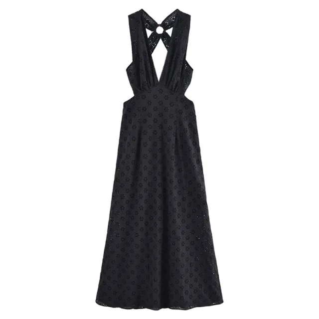 Hollow Embroidery Halter Backless Dress Black - Shop at LoveMi