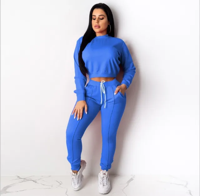 Women's Casual Sports Solid Color Long Sleeve Pullover Top Drawstring Trousers Suit Blue - Shop at LoveMi