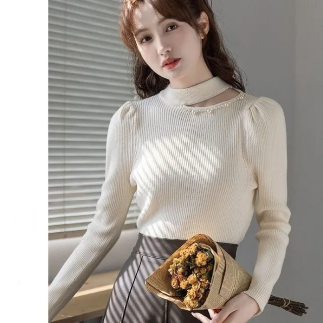 Women's Half Turtleneck Beaded Bottoming Shirt Autumn And Winter High Sense Beige - Shop at LoveMi