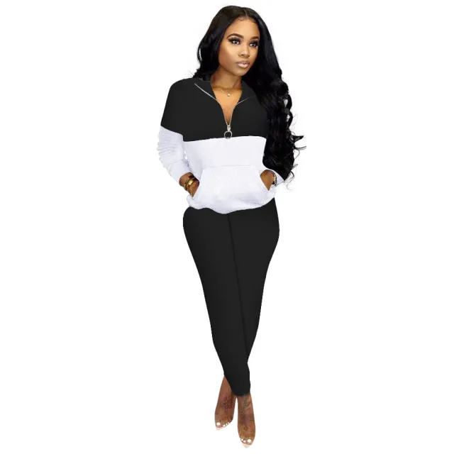 Women's Fashion Casual Solid Color Stitching Long sleeved Trousers Two piece Set Black - Shop at LoveMi