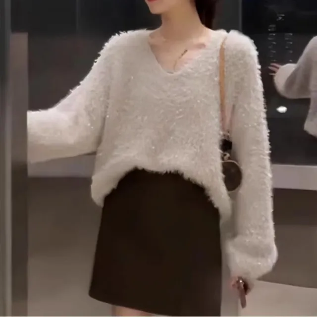Bright Silk Sweater Women's Pullover Loose V neck Off White - Shop at LoveMi