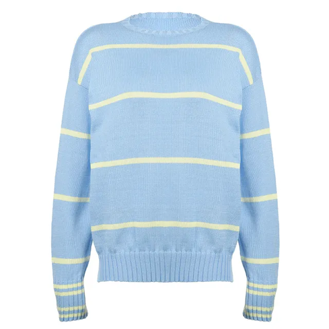 Contrast Color Round neck Long sleeved Pullover Blue - Shop at LoveMi