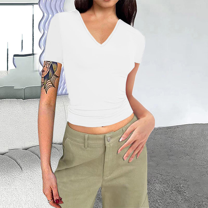 Solid-color V-neck Slim-fit Short-sleeve Crop Top