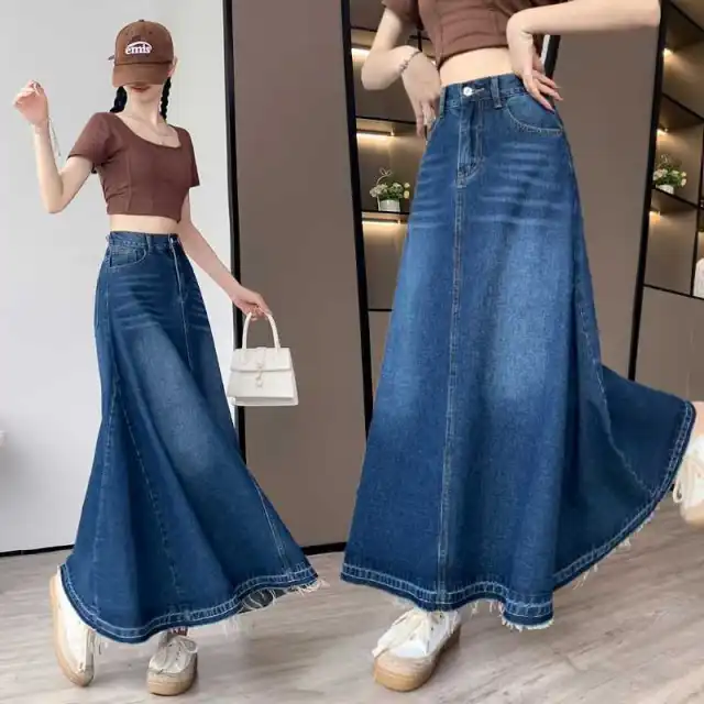 High waisted Slim fit Denim Midi Skirt With A Draping Effect Dark Blue - Shop at LoveMi