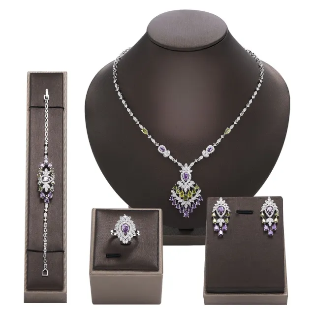 Color Zirconium Necklace Earrings 4 piece Set White - Shop at LoveMi