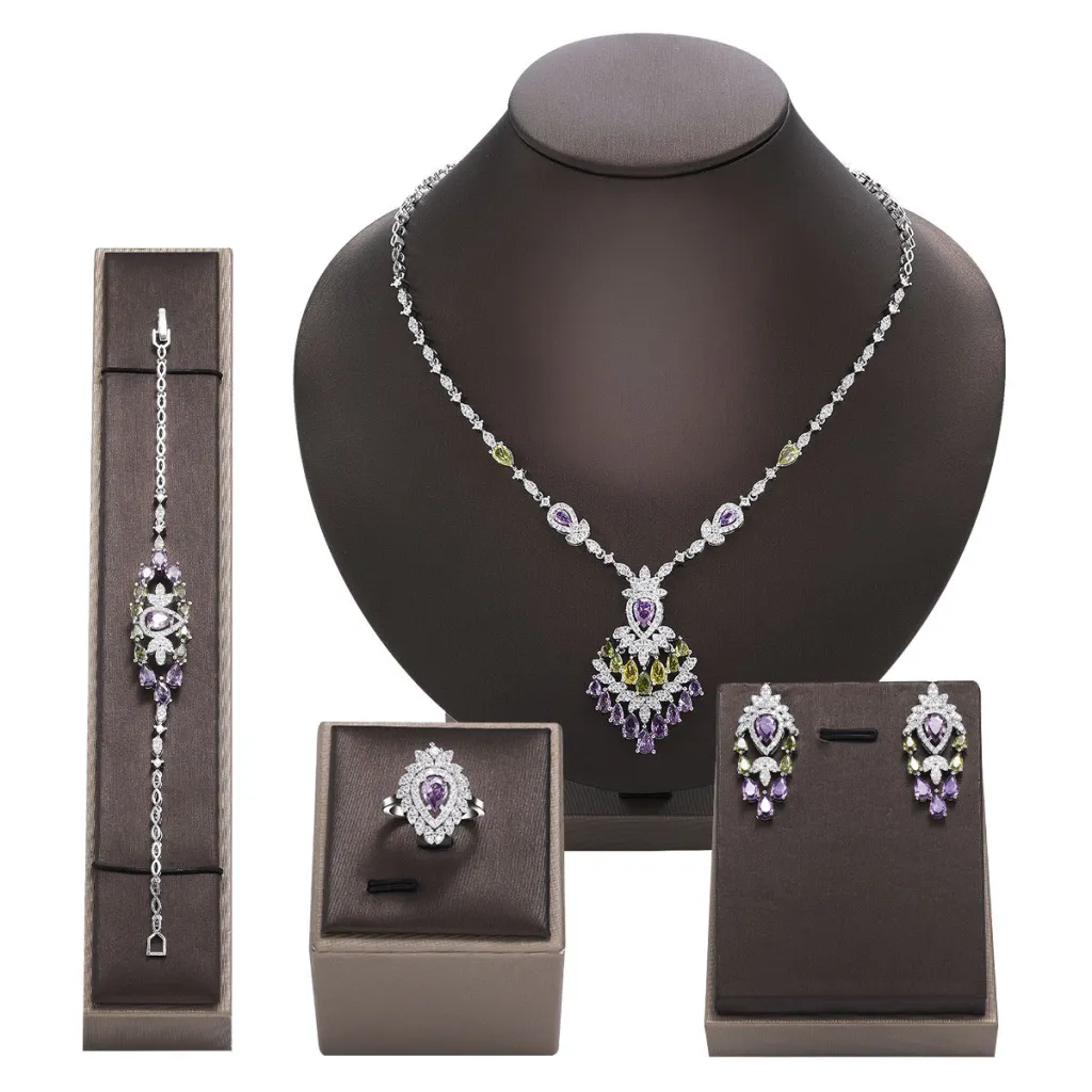 Color Zirconium Necklace Earrings 4-piece Set - White