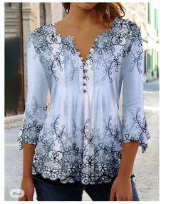 Fashion Flower Printed V-neck Three-quarter-length-sleeved T-shirt - Element 1-Xxl - View 1