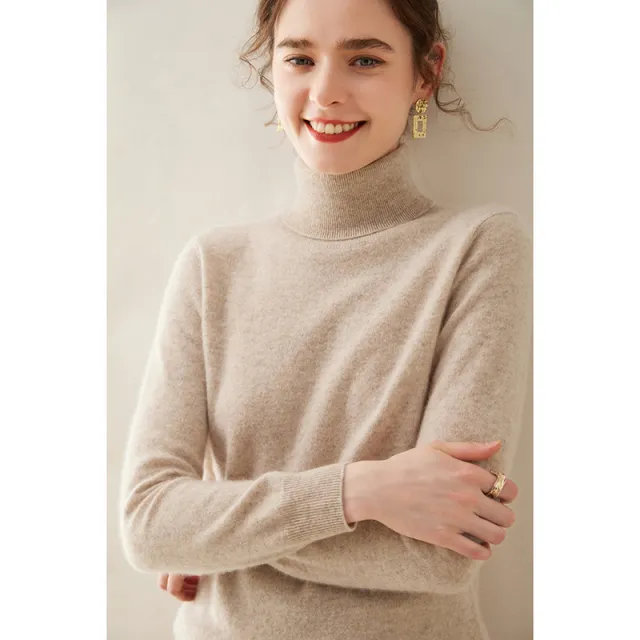 Women's Solid Color Pullover Cashmere Turtleneck Knitting Bottoming Shirt Oat Camel - Shop at LoveMi