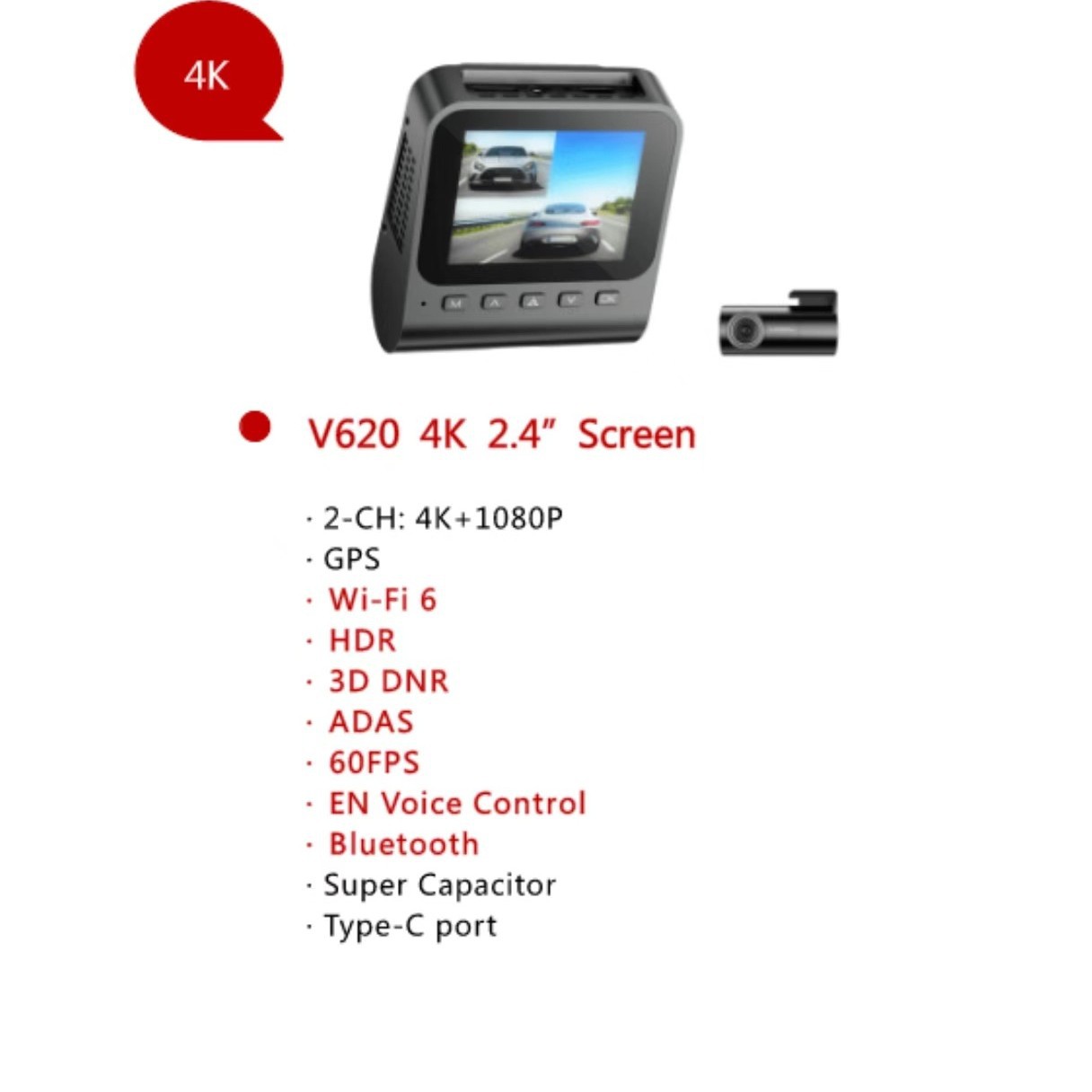 Dual-Lens Dash Cam V620 Night Vision Wide-Angle 4K