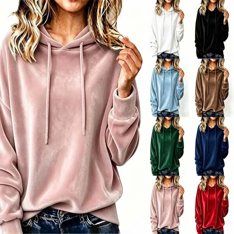 Hooded Drawstring Velvet Solid-color Long-sleeve Top
