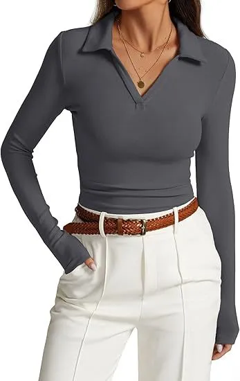 V neck Slim fit Casual Basic Pleated Top Gray - Shop at LoveMi